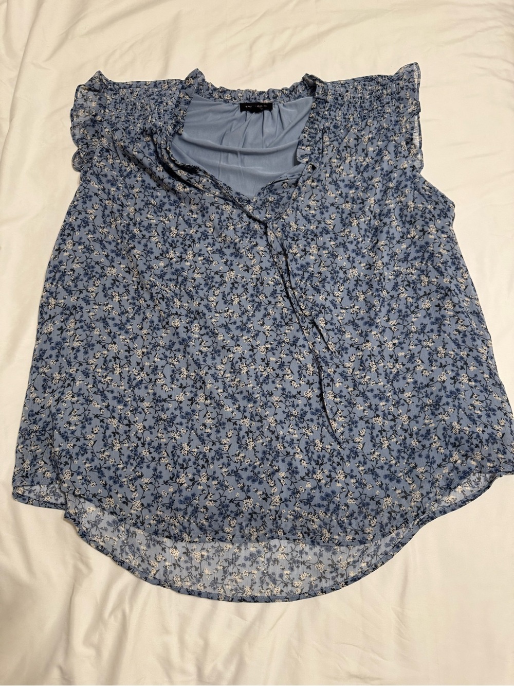 Women’s Blue Floral Short Sleeve Blouse with Ruffle Shoulders
